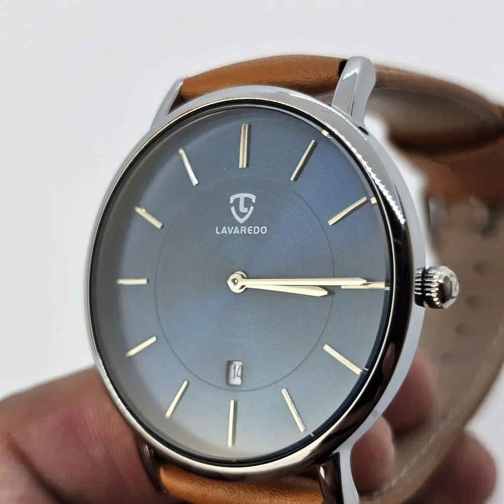 Men's Watch Minimalist 40MM Gray Case Blue Dial Date Light‎ Brown Leather Straps